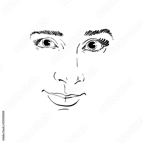 Vector monochrome art drawing, portrait of gorgeous dreamy girl isolated on white. Facial expressions, people positive emotions. Caucasian melancholic woman face, mask.