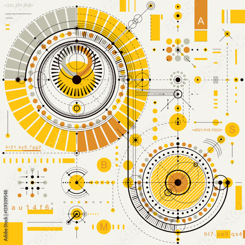 Vector industrial and engineering background, future technical plan. Perspective blueprint of mechanism, mechanical scheme. For use as website background.