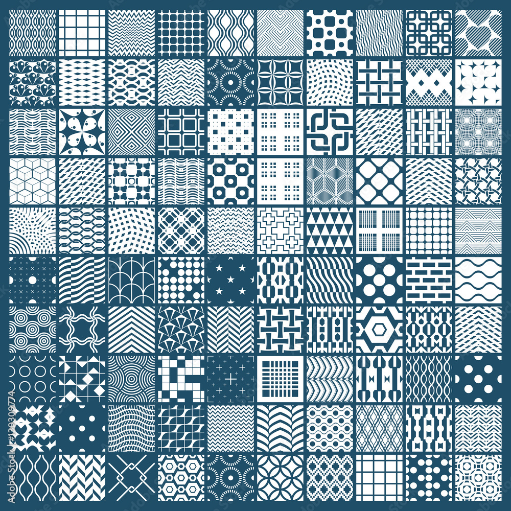 Set of vector endless geometric patterns composed with different figures like rhombuses, squares and circles. Graphic ornamental tiles made in black and white colors.