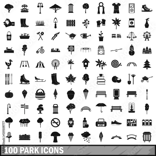 100 park icons set in simple style