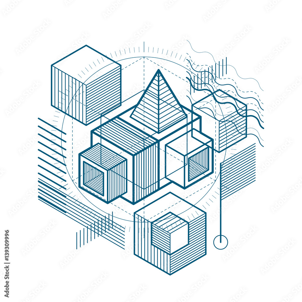 Isometric abstract background with lines and other different elements, vector abstract template. Composition of cubes, hexagons, squares, rectangles and different abstract elements.