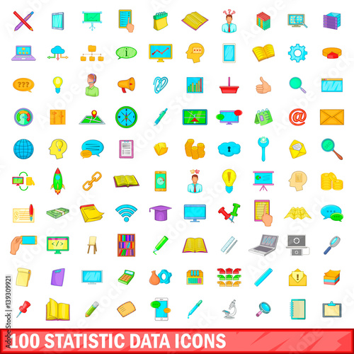 100 statistic data icons set, cartoon style