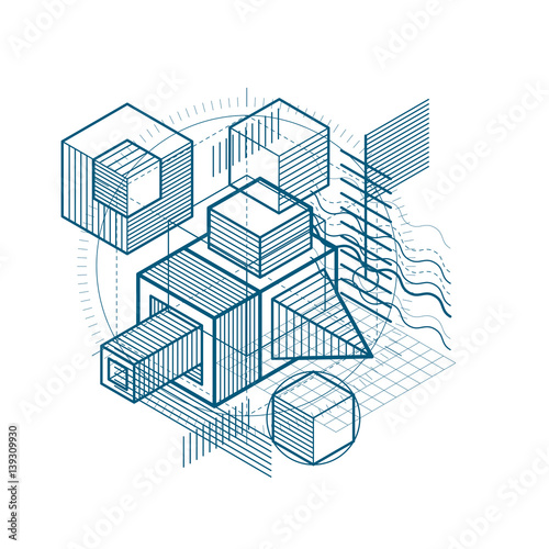 Abstract design with 3d linear mesh shapes and figures  vector isometric background. Cubes  hexagons  squares  rectangles and different abstract elements.