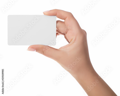 Wallpaper Mural Woman hand hold virtual business card, credit card or blank paper isolated on white background.Clipping path included Torontodigital.ca