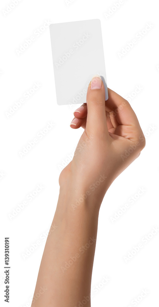 Woman hand hold virtual business card, credit card or blank paper isolated on white background.Clipping path included Woman hand hold virtual business card, credit card or blank paper isolated on white background.Clipping path included
