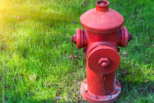 detail shot of fire hydrant on grass in city of China.