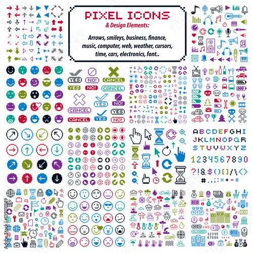 Vector flat 8 bit icons, collection of simple geometric pixel symbols. Digital web signs created in different social concepts like business and investment, weather conditions and music.