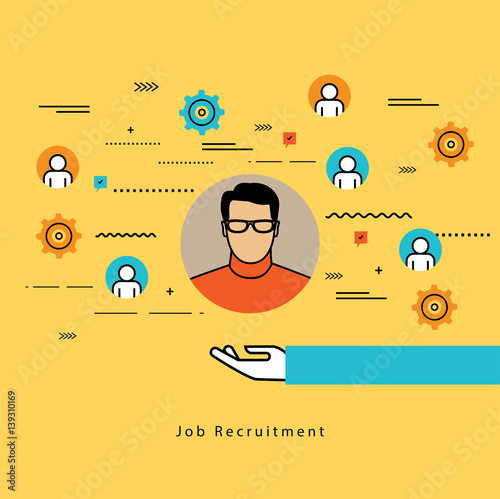 Line flat vector business design for job candidate evaluation, interviewing, assessment, recruiting. Resources and corporate management, hiring, employment, freelance, jobs,career, business concept