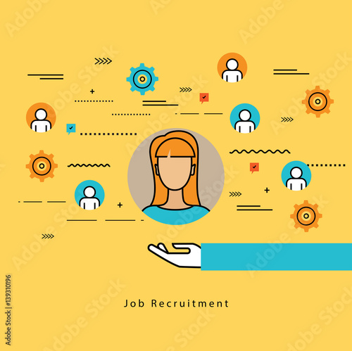 Line flat vector business design for job candidate evaluation, interviewing, assessment, recruiting. Resources and corporate management, hiring, employment, freelance, jobs,career, business concept