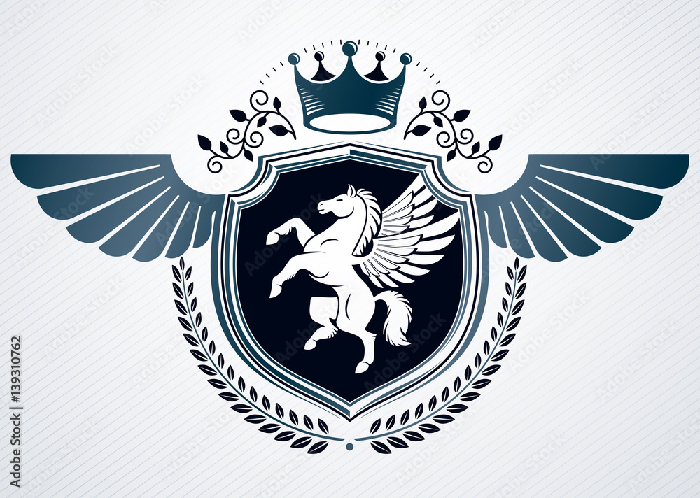 Fototapeta premium Vector retro insignia design decorated using vintage elements like royal crown and Pegasus