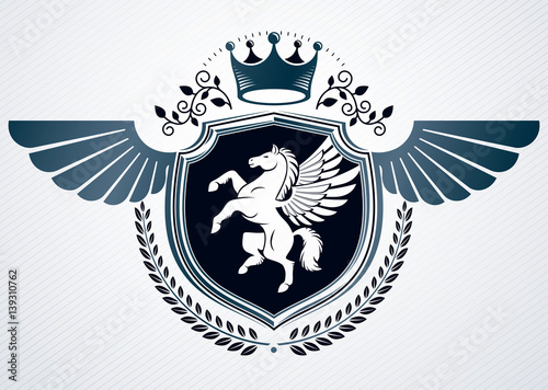 Vector retro insignia design decorated using vintage elements like royal crown and Pegasus