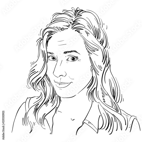 Monochrome vector hand-drawn image, naive young woman making innocent face. Black and white illustration of blameworthy girl, I am sorry.