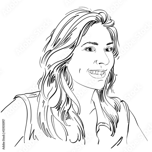Vector drawing of smiling woman with stylish haircut. Black and white portrait of attractive happy lady.