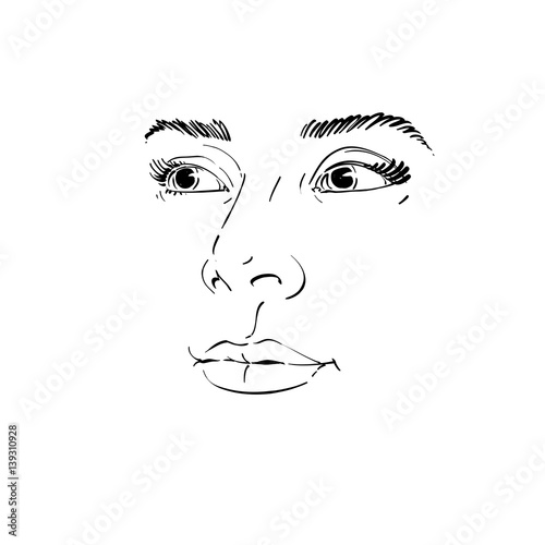 Artistic hand-drawn vector image, black and white portrait of delicate stylish girl. Emotions theme illustration. Peaceful and confident personality, visage features.