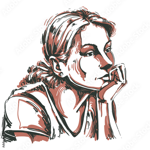 Artistic hand-drawn vector image, portrait of delicate melancholic peaceful girl. Emotions theme illustration. Cute girl thinking about something.