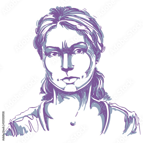 Graphic vector hand-drawn illustration of white skin angry lady with stylish haircut. People negative face expressions. Misunderstood theme.