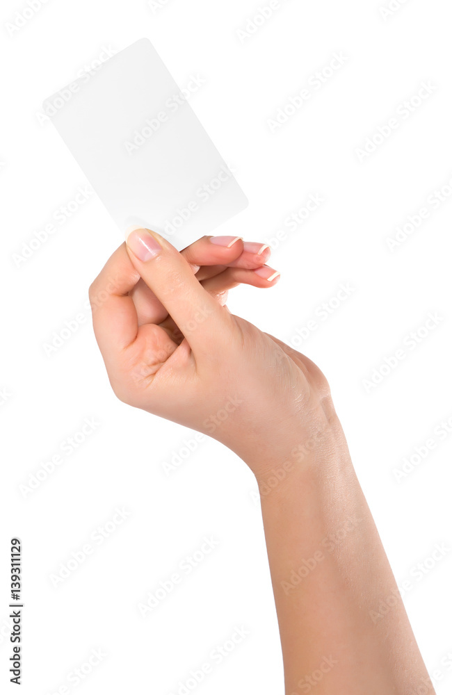 Woman hand hold virtual business card, credit card or blank paper isolated on white background.Clipping path included Woman hand hold virtual business card, credit card or blank paper isolated on white background.Clipping path included