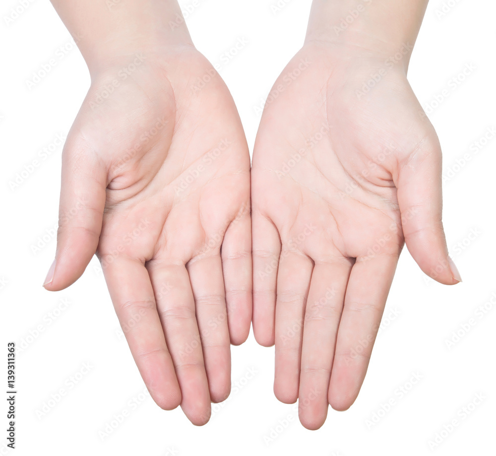 Stretched hand of woman isolated over white background. Open palm hand gesture of woman hand. Close up of open palm isolated over white background. Stretched hand of woman isolated over white background. Open palm hand gesture of woman hand. Close up of open palm isolated over white background.