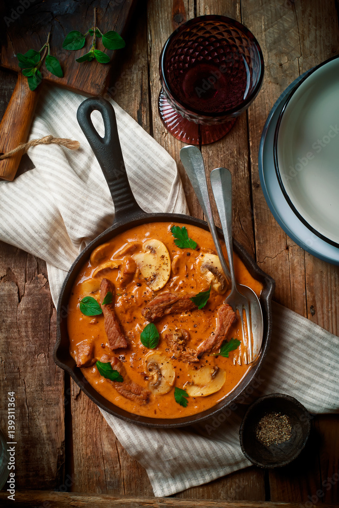 Beef Stroganoff with mushroom in iron pan Beef Stroganoff with mushroom in iron pan