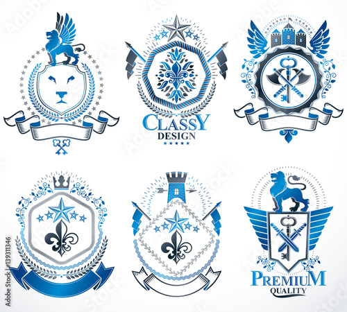 Vector vintage heraldic Coat of Arms designed in award style. Medieval towers, armory, royal crowns, stars and other graphic design elements collection.