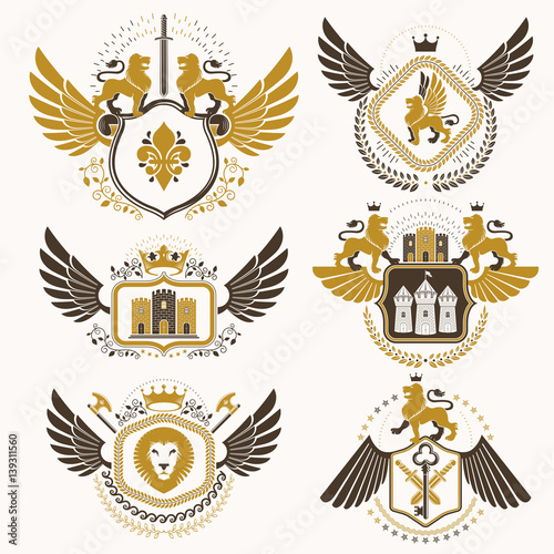 Vector classy heraldic Coat of Arms. Collection of blazons stylized in vintage design and created with graphic elements, royal crowns and flags, stars, towers, armory, religious crosses.