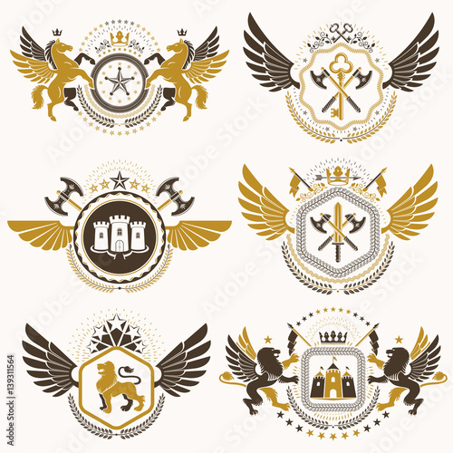 Vector classy heraldic Coat of Arms. Collection of blazons stylized in vintage design and created with graphic elements, royal crowns and flags, stars, towers, armory, religious crosses.