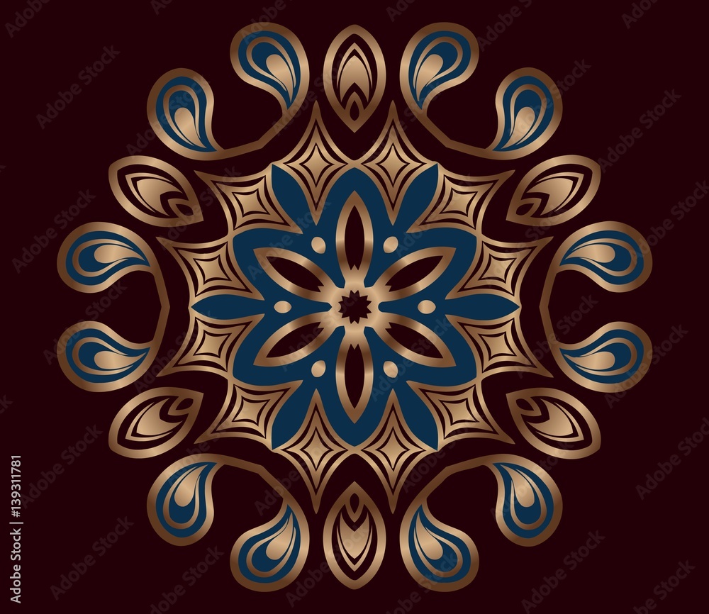 abstract oriental blue symmetrical geometric pattern mandala in gilding is decorated