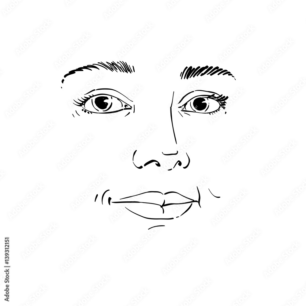 Portrait of delicate good-looking dreamy still woman, black and white vector drawing. Emotional expressions idea image, face features. Portrait of delicate good-looking dreamy still woman, black and white vector drawing. Emotional expressions idea image, face features.