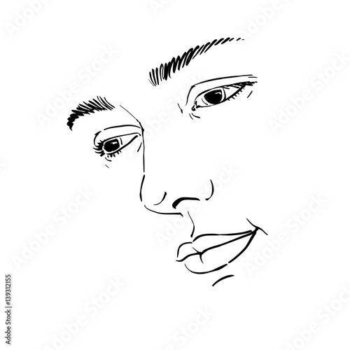 Hand-drawn portrait of white-skin sorrowful woman, sad face emotions theme illustration. Beautiful melancholic lady posing on white background, face features.