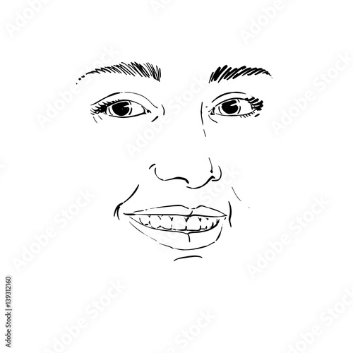 Monochrome hand-drawn mask with face features and emotional expressions. Beautiful smiling glad lady, portrait of flirting young woman.