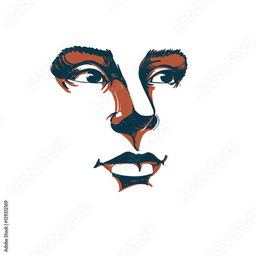 Artistic hand-drawn vector image, black and white portrait of delicate stylish girl. Emotions theme illustration. Peaceful and confident personality, visage features.