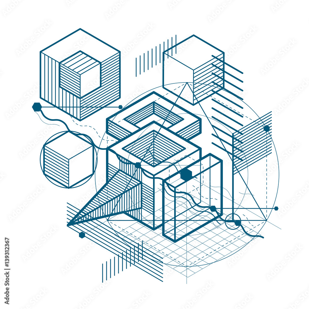 Abstract isometrics background, 3d vector layout. Composition of cubes, hexagons, squares, rectangles and different abstract elements.