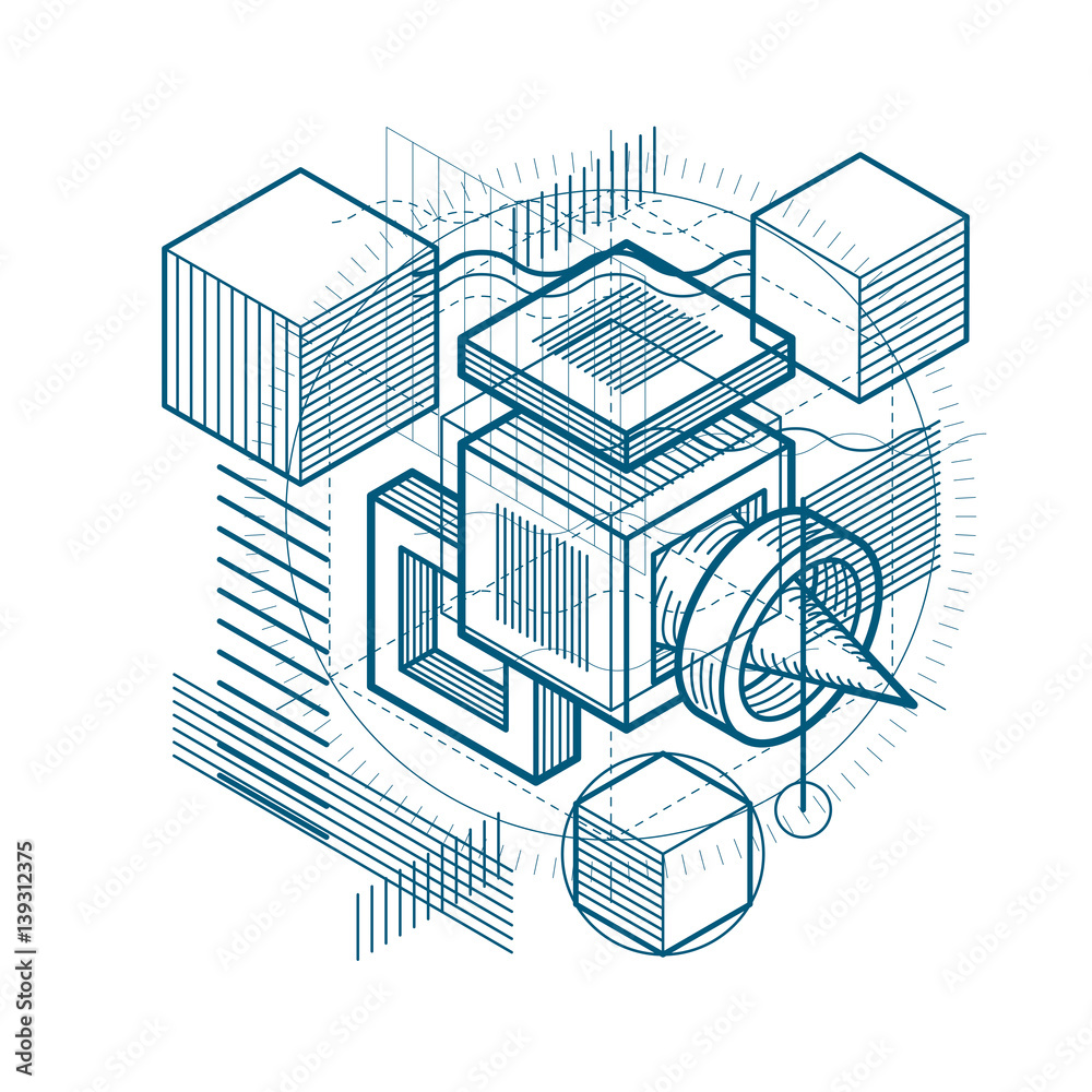 Abstract background with isometric elements, vector linear art with lines and shapes. Cubes, hexagons, squares, rectangles and different abstract elements.