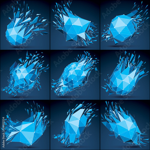 Vector dimensional wireframe luminescent objects collection with blue connected lines, demolished shapes with refractions and wreckage. Set of 3d mesh global technology elements broken into pieces.