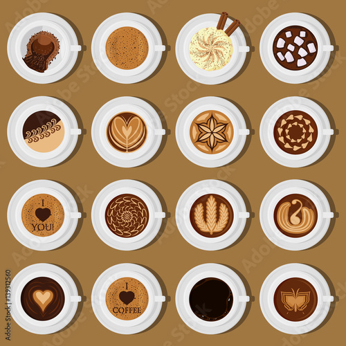 Coffee cups top view collection vector illustration different assortment
