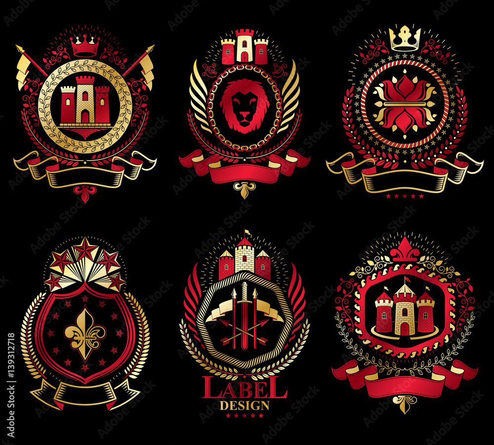 Heraldic Coat of Arms created with vintage vector elements, animals, towers, crowns and stars. Classy symbolic emblems collection, vector set.
