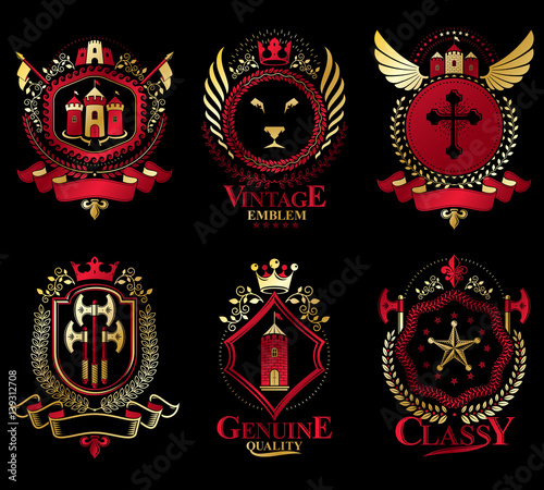 Heraldic Coat of Arms created with vintage vector elements, animals, towers, crowns and stars. Classy symbolic emblems collection, vector set.