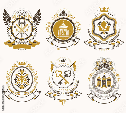 Vector vintage heraldic Coat of Arms designed in award style. Medieval towers, armory, royal crowns, stars and other graphic design elements collection.