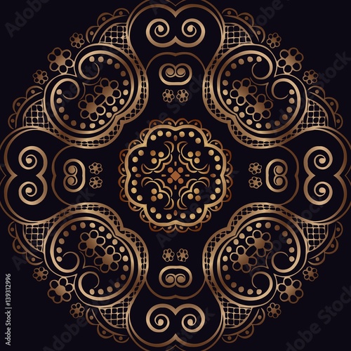 Abstract symmetrical openwork mandala vector oriental decor retro delicate gold on a black background