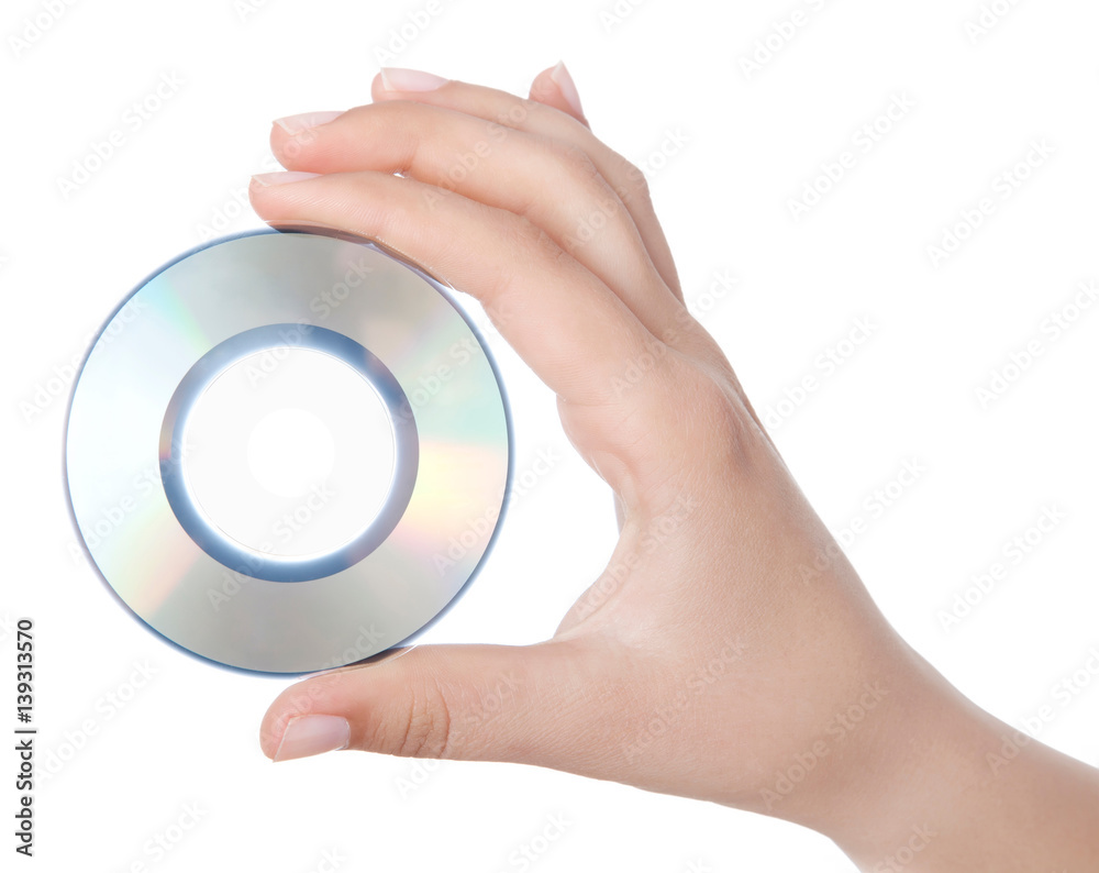 Woman hand with compact disc isolated on white background Woman hand with compact disc isolated on white background