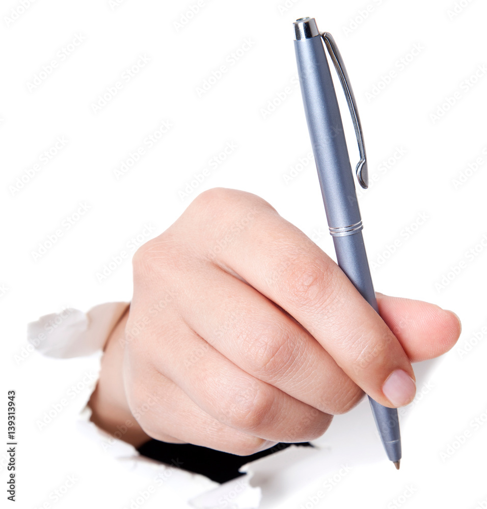 Hand writing on copy space. Beautiful female hand holding black marker pen . Brightly lit with backlight and isolated on white background. Hand writing on copy space. Beautiful female hand holding black marker pen . Brightly lit with backlight and isolated on white background.