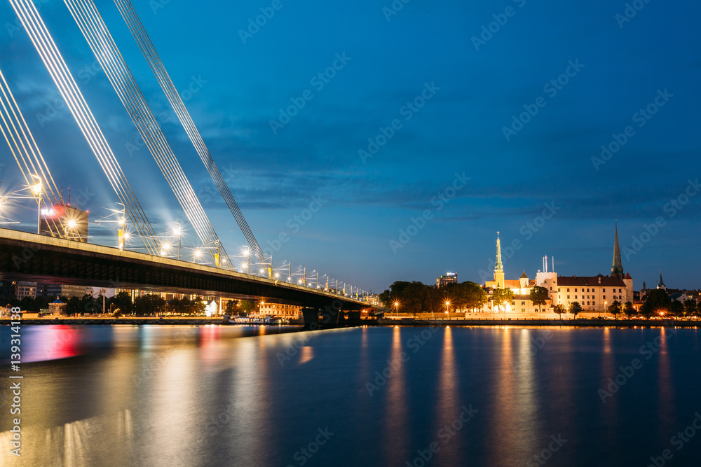 Fototapeta premium Vansu Bridge In Riga, Latvia. Shroud Bridge. Cable-Stayed Bridge