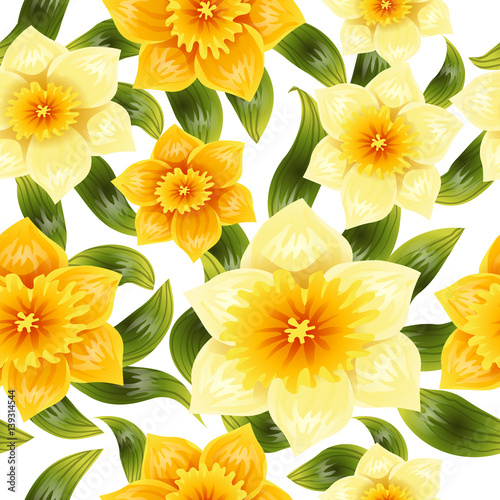 Seamless background with yellow daffodil narcissus. Spring flower with stem and leaves. Realistic pattern