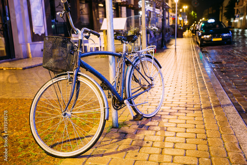 Bicycle Bike Parking On Street In Old Part European Town In Summer