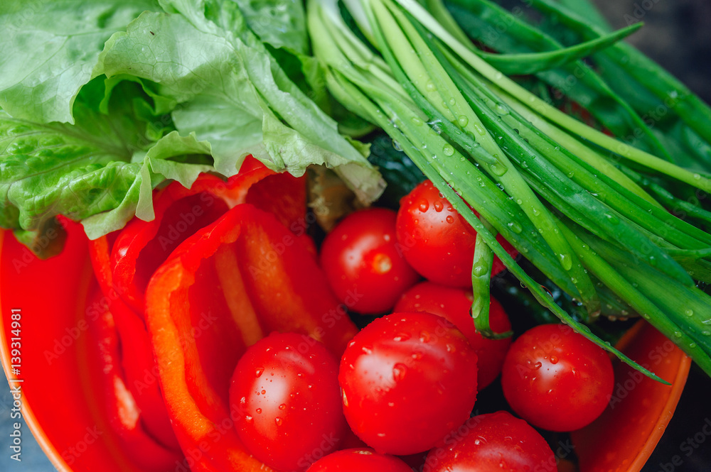 fresh tomatoes, pepper, onions and salad in a bowl fresh tomatoes, pepper, onions and salad in a bowl