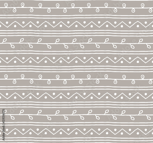 Seamless sketch vector pattern. White vertical twigs lines and zigzags with circles on grey background. Hand drawn abstract branch african style illustration