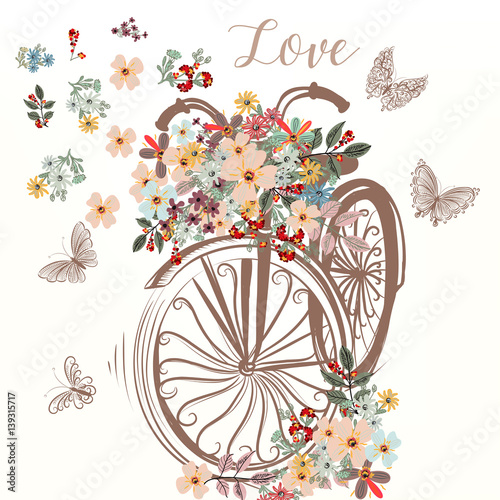 Cute hand drawn bicycle with bunch of spring flowers