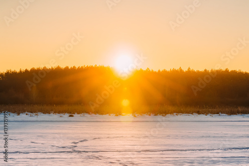 Sun Over Forest Horizon With Orange Sunset Sky. Natural Colors O