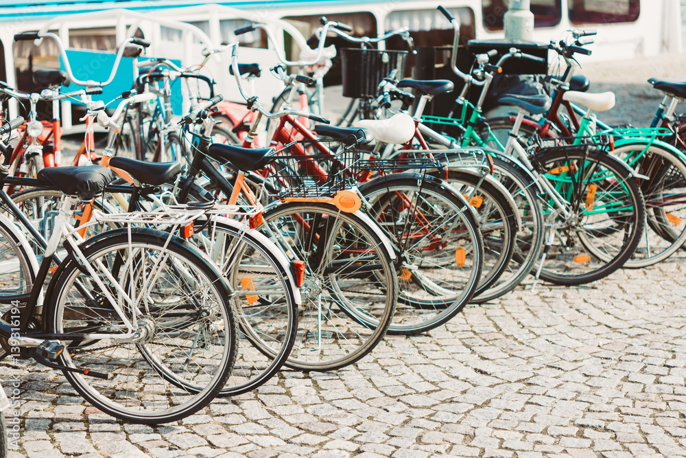 Row Of Parked Bicycles. Bicycle Parking In Big City