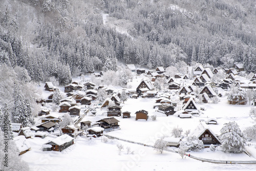 Historic Villages of Shirakawa-go and Gokayama, Japan. Winter in Shirakawa-go, Japan. Traditional style huts in Gassho-zukuri Village, Shirakawago and Gokayama, World Heritage Site.